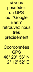 si vous possédez un GPS     ou  "Google Earth" retrouvez nous très précisément   Coordonnées GPS 46° 20'  56" N    2° 12' 52" E